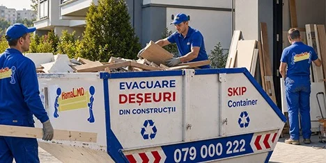 Container HamaL.MD pentru gunoi de construcție, plin cu moloz și scânduri, lângă un bloc din Chișinău
