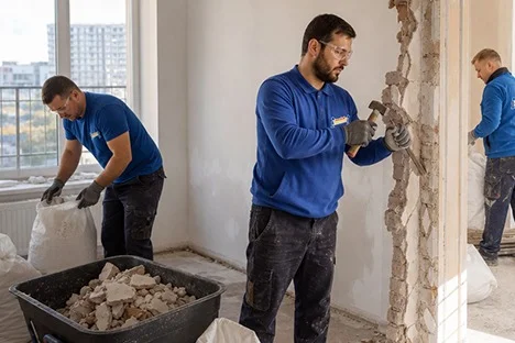 Рабочие разбирают кирпичную стену в квартире и складывают обломки в мешки и тачку