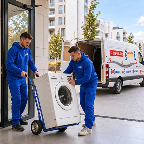Doi hamali duc pe cărucior o mașină de spălat spre duba cargo taxi, livrare de electrocasnice