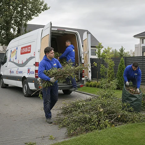 Hamali încarcă în furgonetă crengi și frunze tăiate, deșeuri vegetale evacuate de la casa de vară