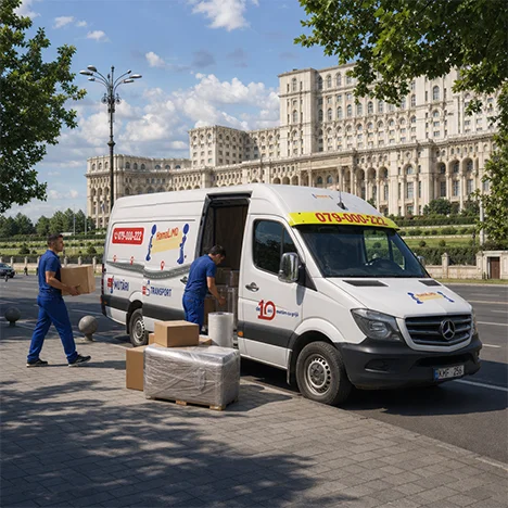 Doi hamali încarcă cutii în furgon în fața unei clădiri mari, serviciu complet de mutare spre Serbia
