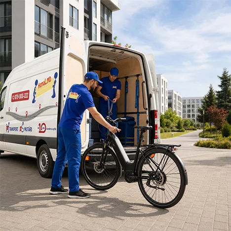 Doi angajați încarcă atent o bicicletă electrică în furgonetă