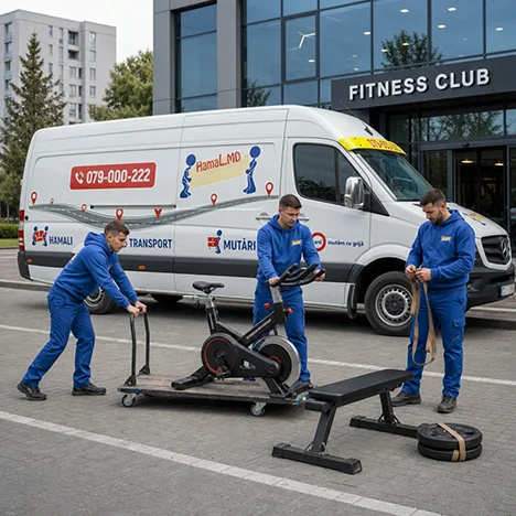 Hamalii pregătesc bicicleta fixă, banca și discurile pentru transport echipamente de fitness în fața clubului