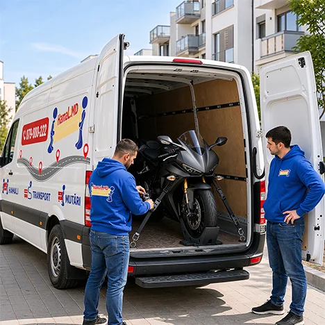 O motocicletă sport este fixată cu chingi și opritor de roată în furgonetă, iar hamalul verifică legăturile