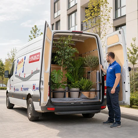 Un hamal verifică ghivecele cu plante așezate în duba de transport